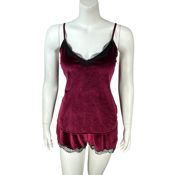 JASON WU Pajama Set Womens Size Small Camisole Shorts Velvet Lace Burgundy - Picture 1 of 10